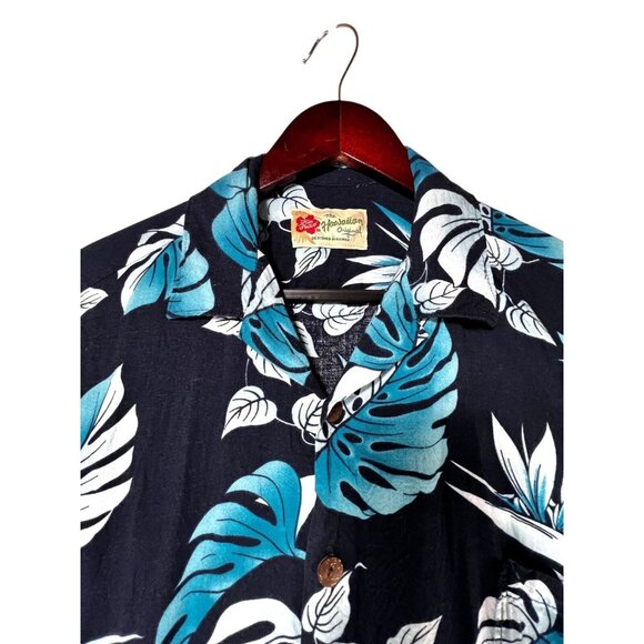 Vintage Hilo Hattie Hawaiian Black Teal Blue Floral Button-Up Shirt Mens Large - Picture 5 of 11